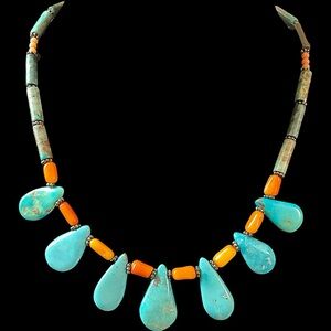 Vintage Turquoise Teardrop Coral Barrel Beaded Necklace